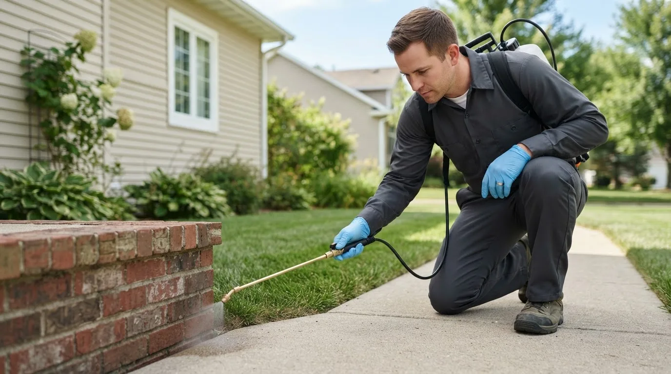 Pest control technician treating a home near South Amana, IA