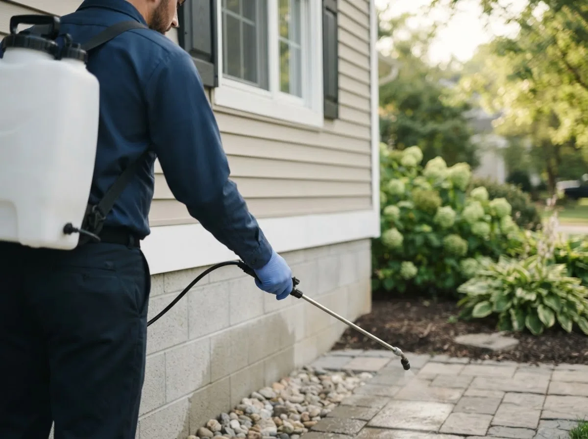 Pest control technician inspecting a home in South Amana, IA